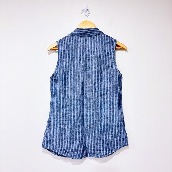 ELLEN TRACY Blue and white striped sleeveless linen shirt - Picture 2 of 6